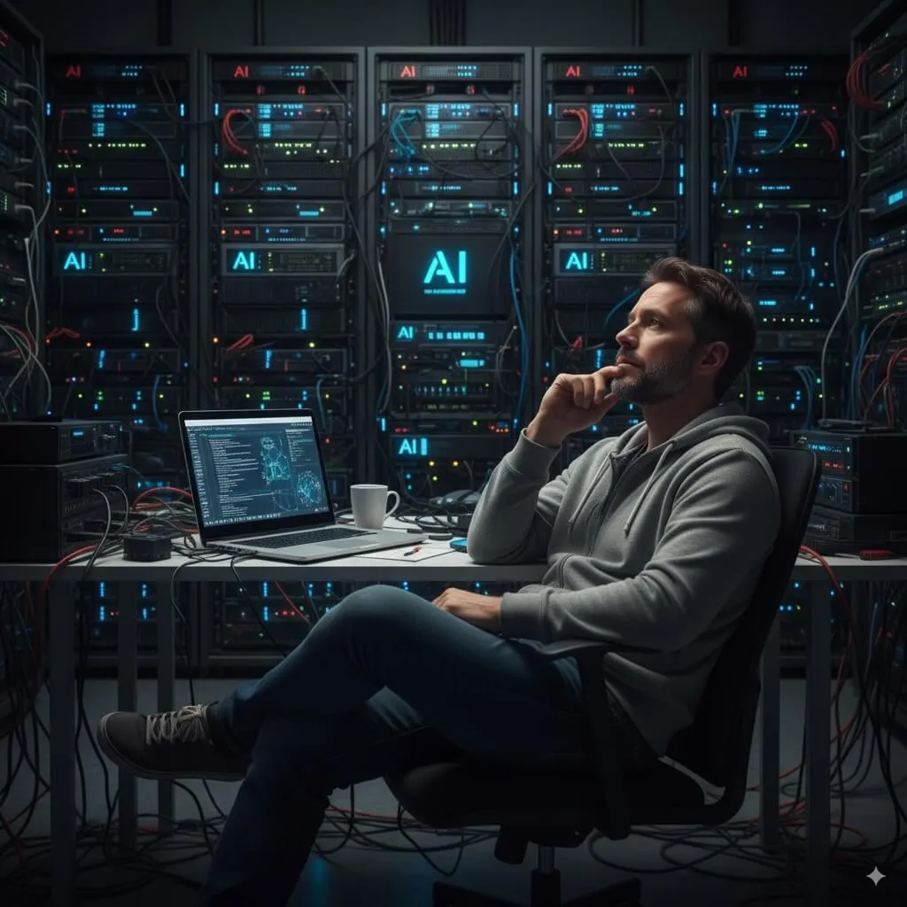 man sitting in front of AI servers thinking