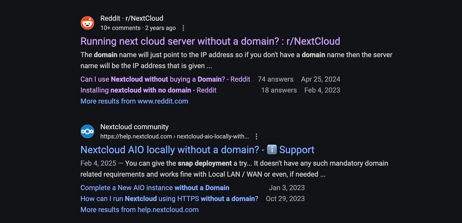 reddit search for nextcloud with no domain