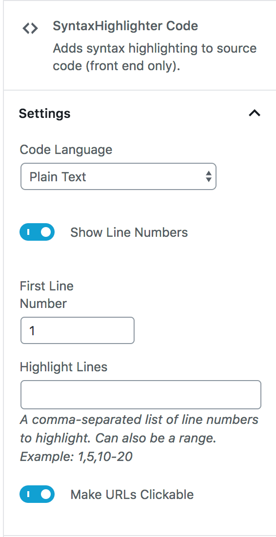 syntaxhighlighter evolved block options